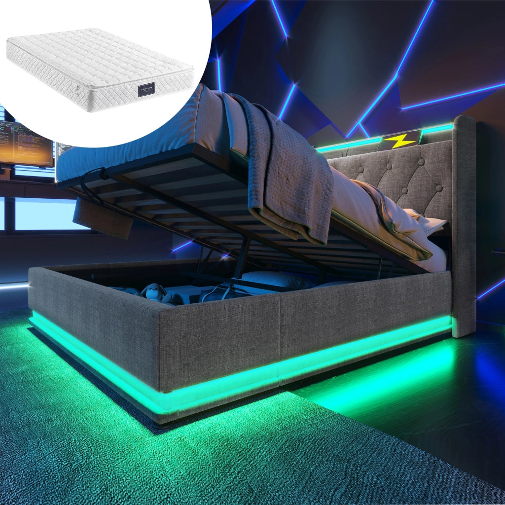 Letto imbottito 140x200 - Xylo - Grigio, idraulico, LED, USB-C