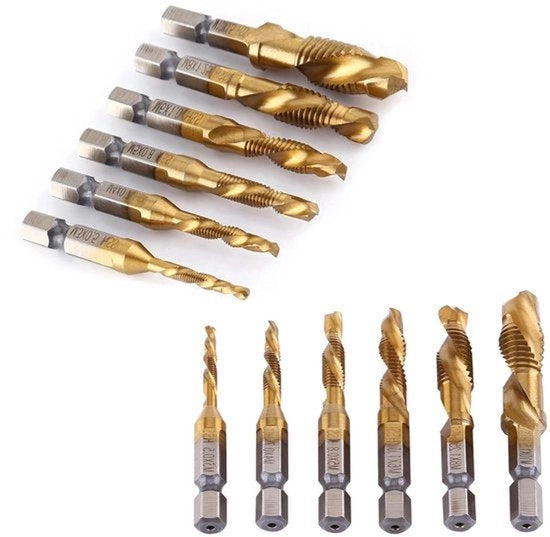 Set di foratura a contatto con filettatura - Ogetto di tenuta della vite metrica - Rivestito - Strumenti per tagliare i fili - Asse hexagonale - per M3-M10 - Adatto per lavorazione di metallo - Strato di titanio - 6 pezzi