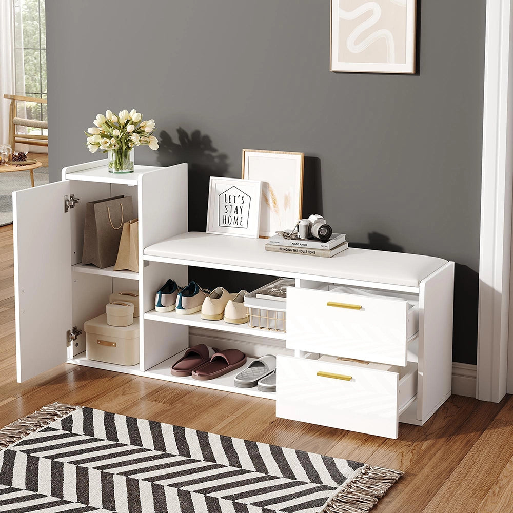 Panchina porta scarpe 128x30x68 cm - Xylo - 2 cassetti, seduta imbottita, per ingresso e ufficio, bianco