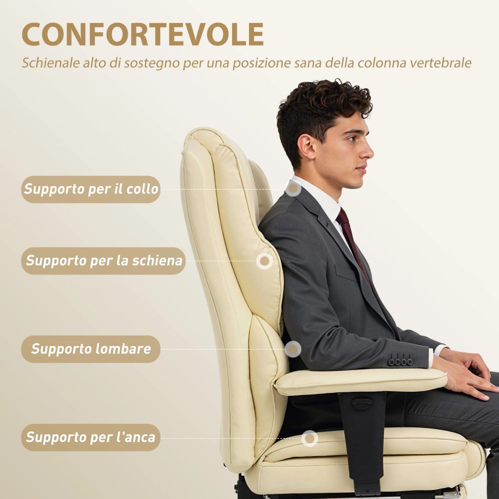 Sedia da Ufficio con Poggiapiedi e Poggiatesta 76x73x117-125 cm in Pelle PU Schiuma e Metallo Bianco Crema