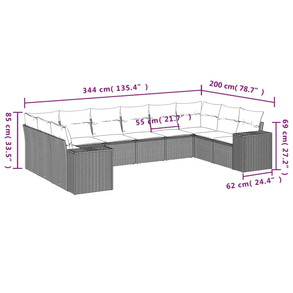 Set Divano da Giardino 10 pz con Cuscini Grigio in Polyrattan 3255407