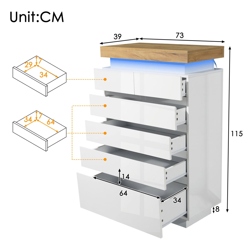 CREDENZA Lucida 6 Cassetti 115x73x39 cm Bianca con LED