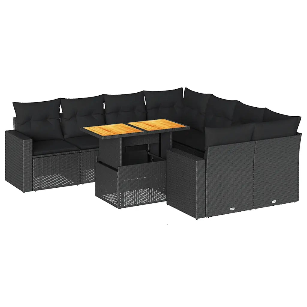Set Divani da Giardino 9 pz con Cuscini Nero in Polyrattan 3327016