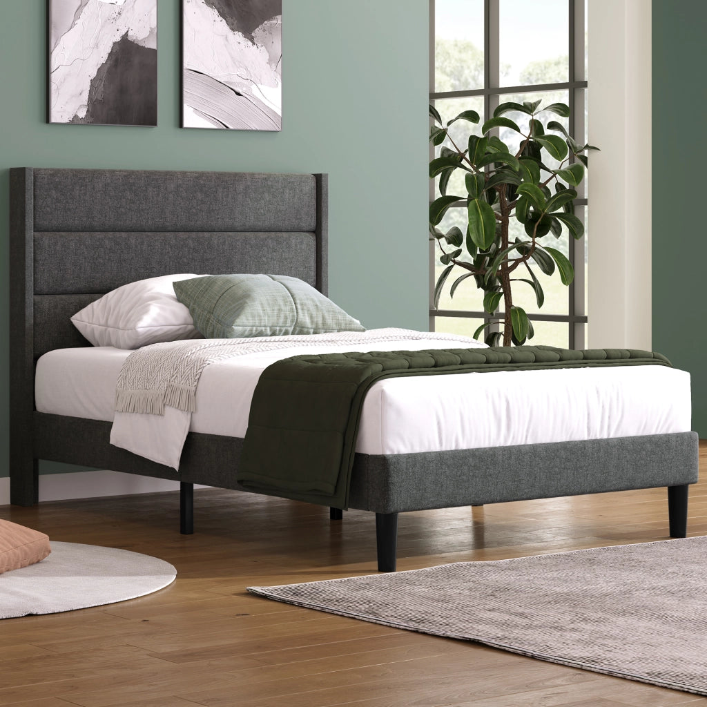 Letto singolo imbottito 90x200 cm con struttura in lino grigio con testiera design moderno versatile per ambienti giovanili