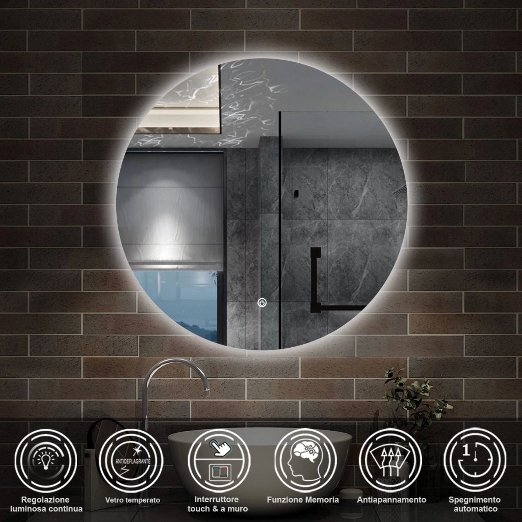 specchio 70 cm rotondo con luce led antiappannamento e touch