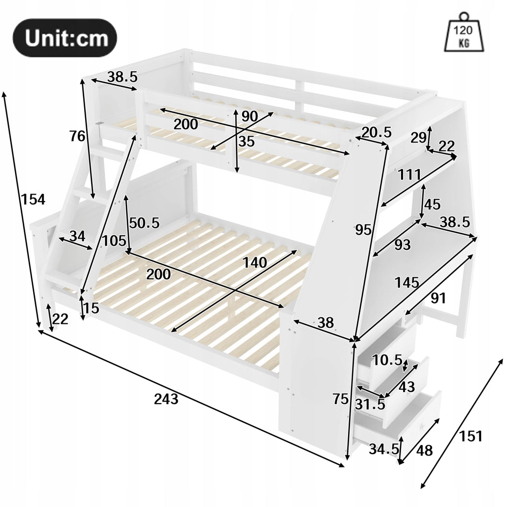 Letto a castello 90x200+140x200 con scrivania - Xylo - Bianco