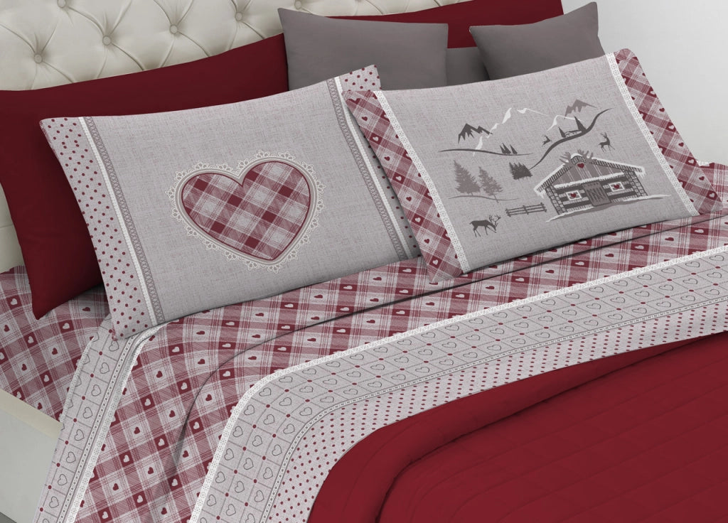 Completo Lenzuola Letto Pensieri Delicati 100% Cotone Dis.Chalet - Singolo - Rosso