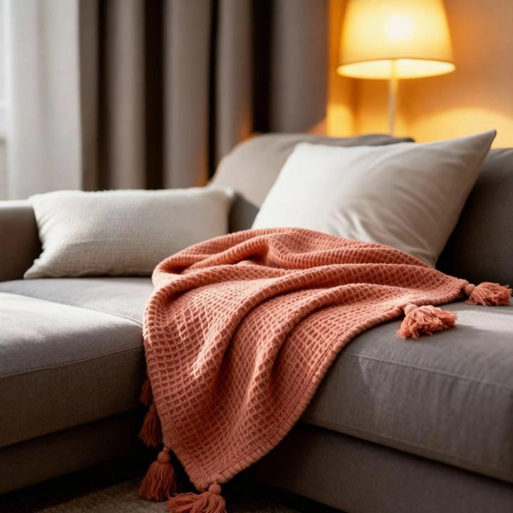 100% cotone plaid rosa salmone con pompon 130x170cm ARNISKA