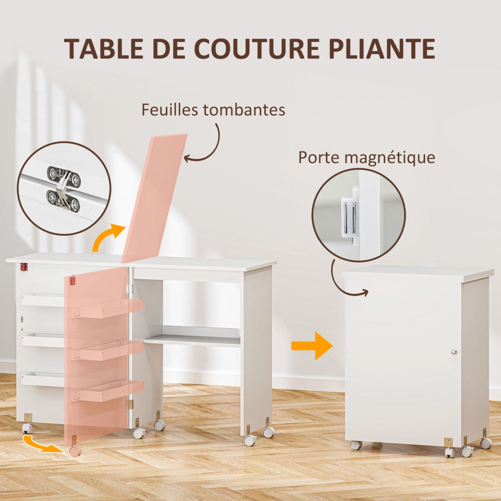 Tavolo da cucito pieghevole con ripiani e ruote ¨C Minimal ¨C bianco