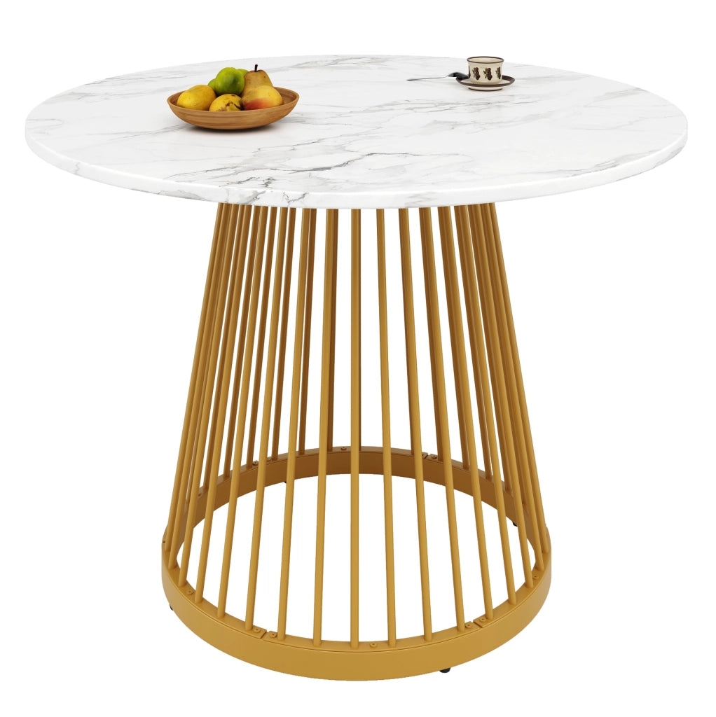Tavolo da pranzo rotondo 80x80x76 cm in MDF e metallo; bianco e oro