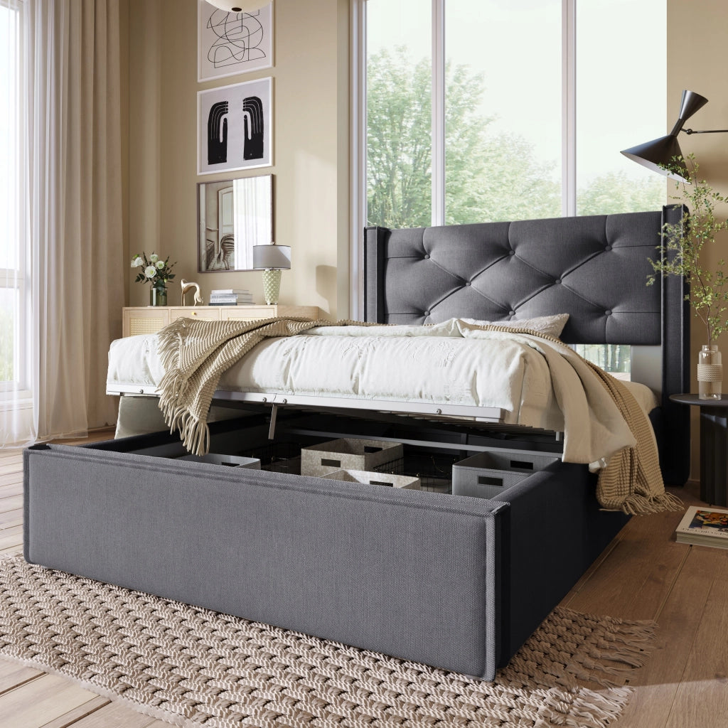 Letto imbottito 90x200 - Xylo - Grigio, struttura sollevabile