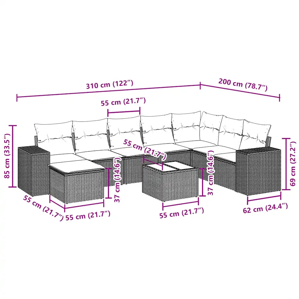 Set Divani da Giardino 9 pz con Cuscini Nero in Polyrattan