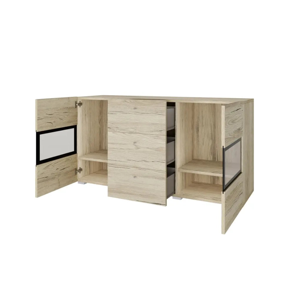 Buffet RAMOS – 2 porte in vetro + 3 cassetti – Color quercia e nero – Design contemporaneo – LED non inclusa
