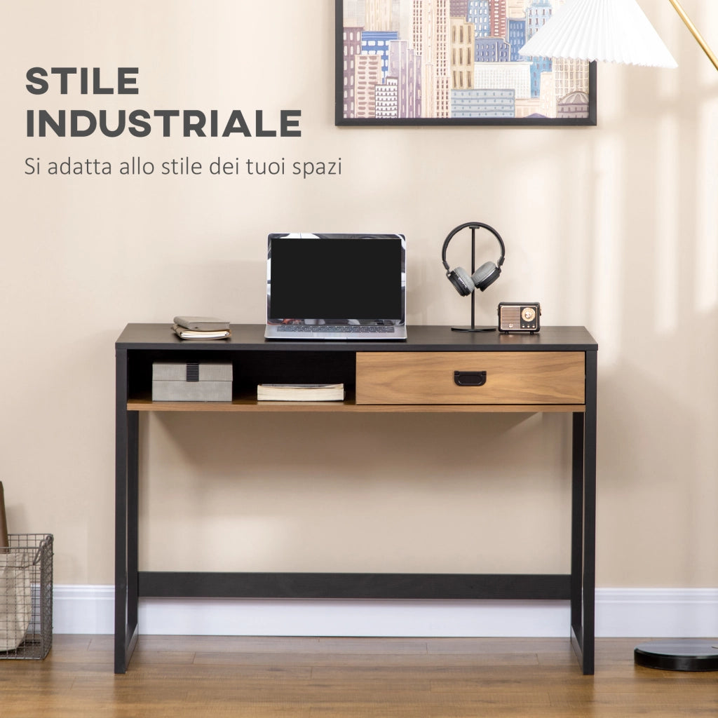 Scrivania per Camera e Ufficio con Cassetto Stile Industriale, 110x50x76cm, Noce e Nero