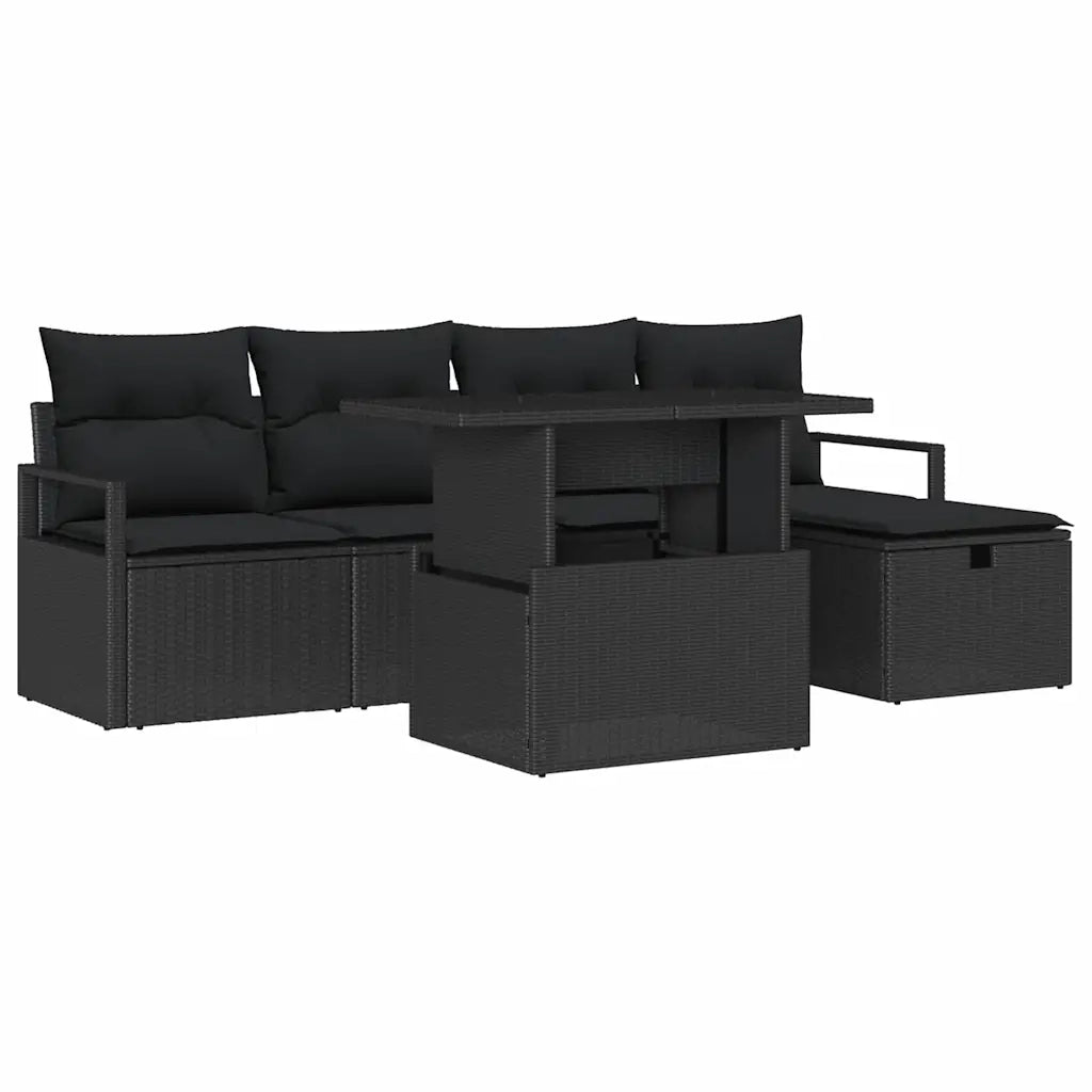 Set Divano da Giardino con cuscino 6 pcs Nero Poly Rattan