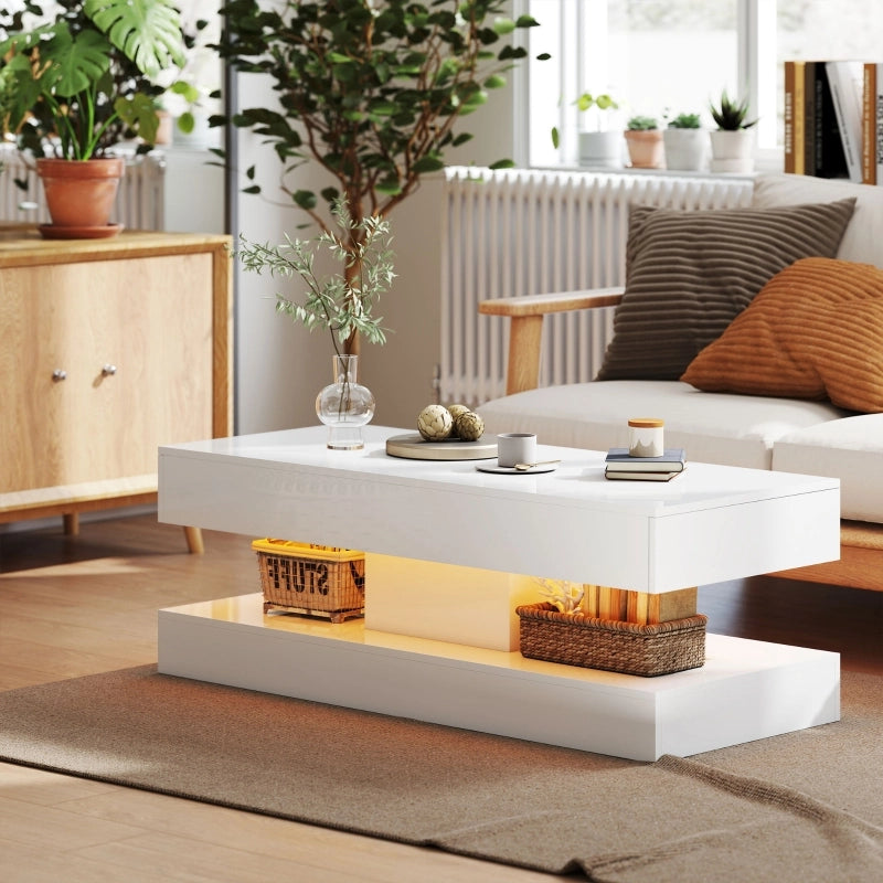 Tavolino basso con LED, 2 cassetti e vano aperto, finitura lucida, per soggiorno, in truciolato, bianco, 120 × 50 × 42 cm