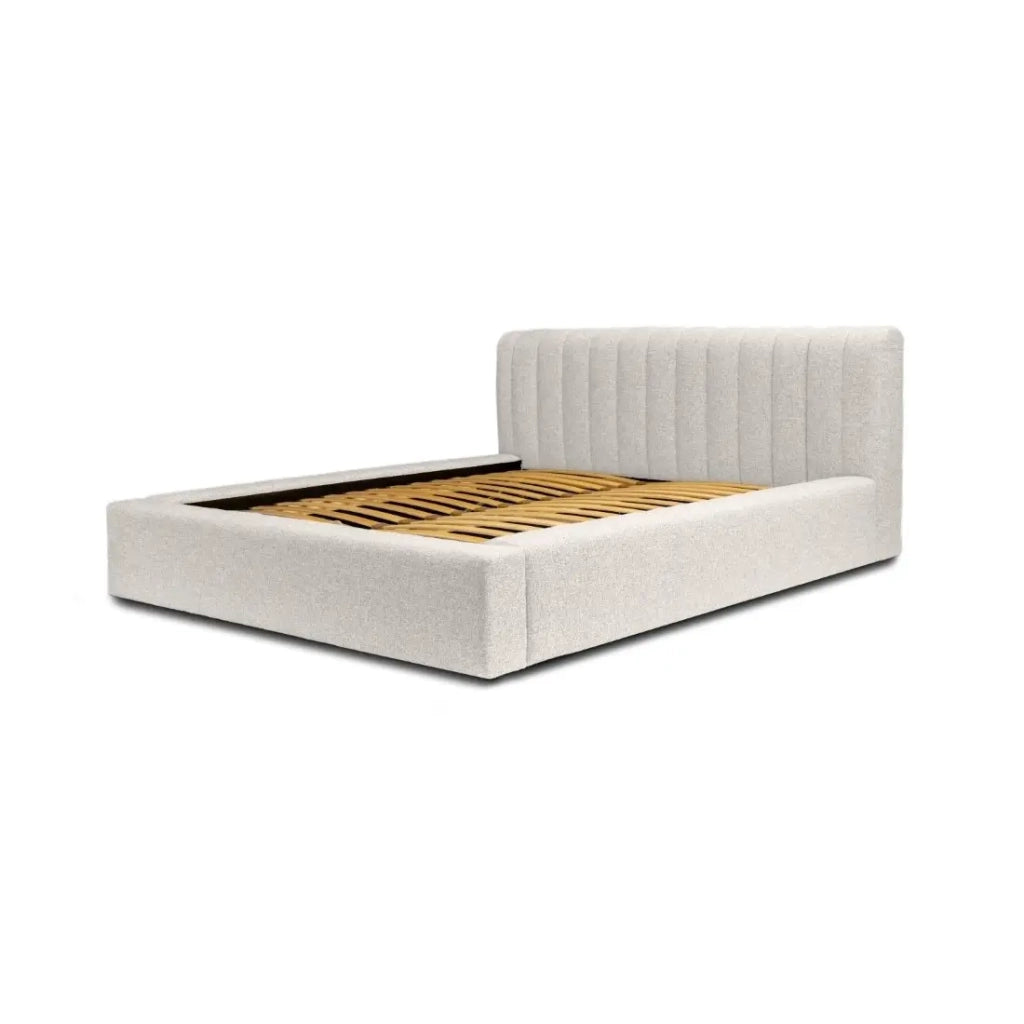 Letto contenitore CERVIN – Tessuto bouclé Nuvola sabbia – 180x200 cm – Rete sollevabile – Design contemporaneo