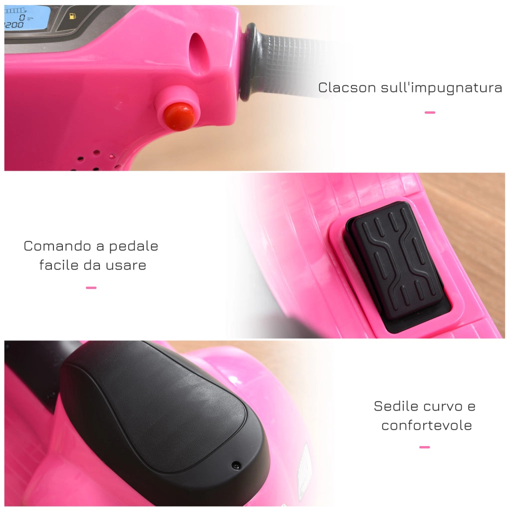 EasyComfort Moto Elettrica per Bambini 6V con Licenza Ufficiale Vespa Batteria, Motorino Elettrico per Bambini da 18-36 Mesi con Fari e Clacson, 66.5x38x52cm, Rosa