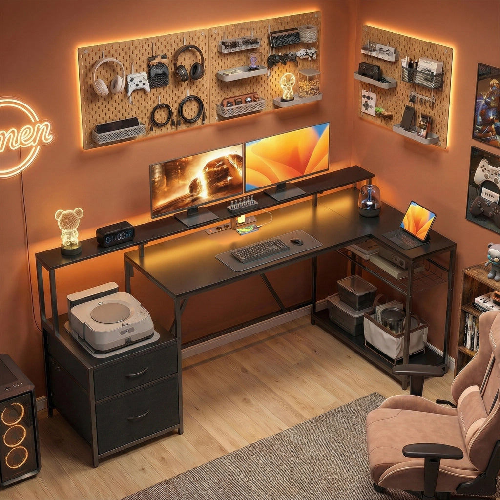 Scrivania Gaming Angolare con Hub di Ricarica, Luci LED e Supporto Monitor, in Legno e Acciaio, 192.5x80x86.5 cm, Nero