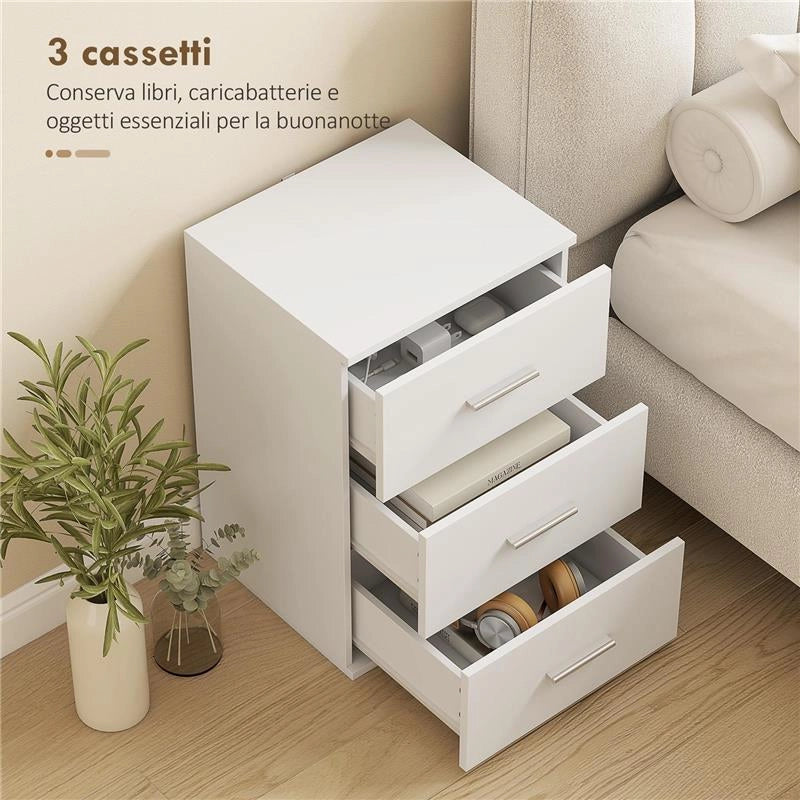 COMODINO CON 3 CASSETTI MODERNO E MULTIUSO PER CAMERA E SALOTTO, 40X35X60 CM, BIANCO