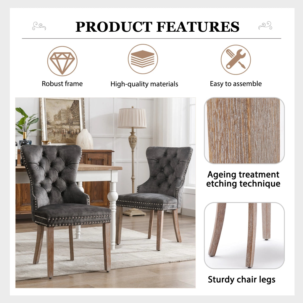 Sedia da pranzo 6 pezzi con borchie decorative e gambe regolabili in velluto grigio