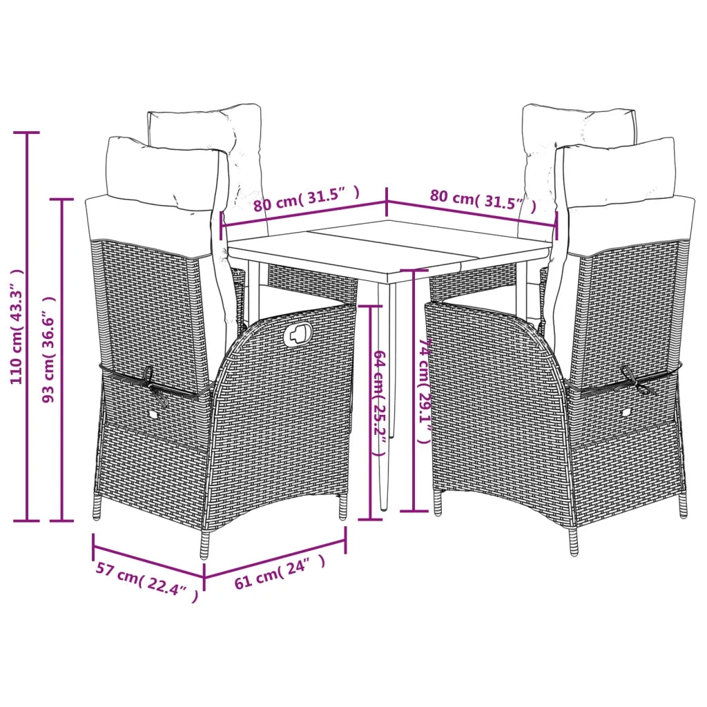 Set da Pranzo da Giardino 5pz con Cuscini in Polyrattan Marrone 3213407