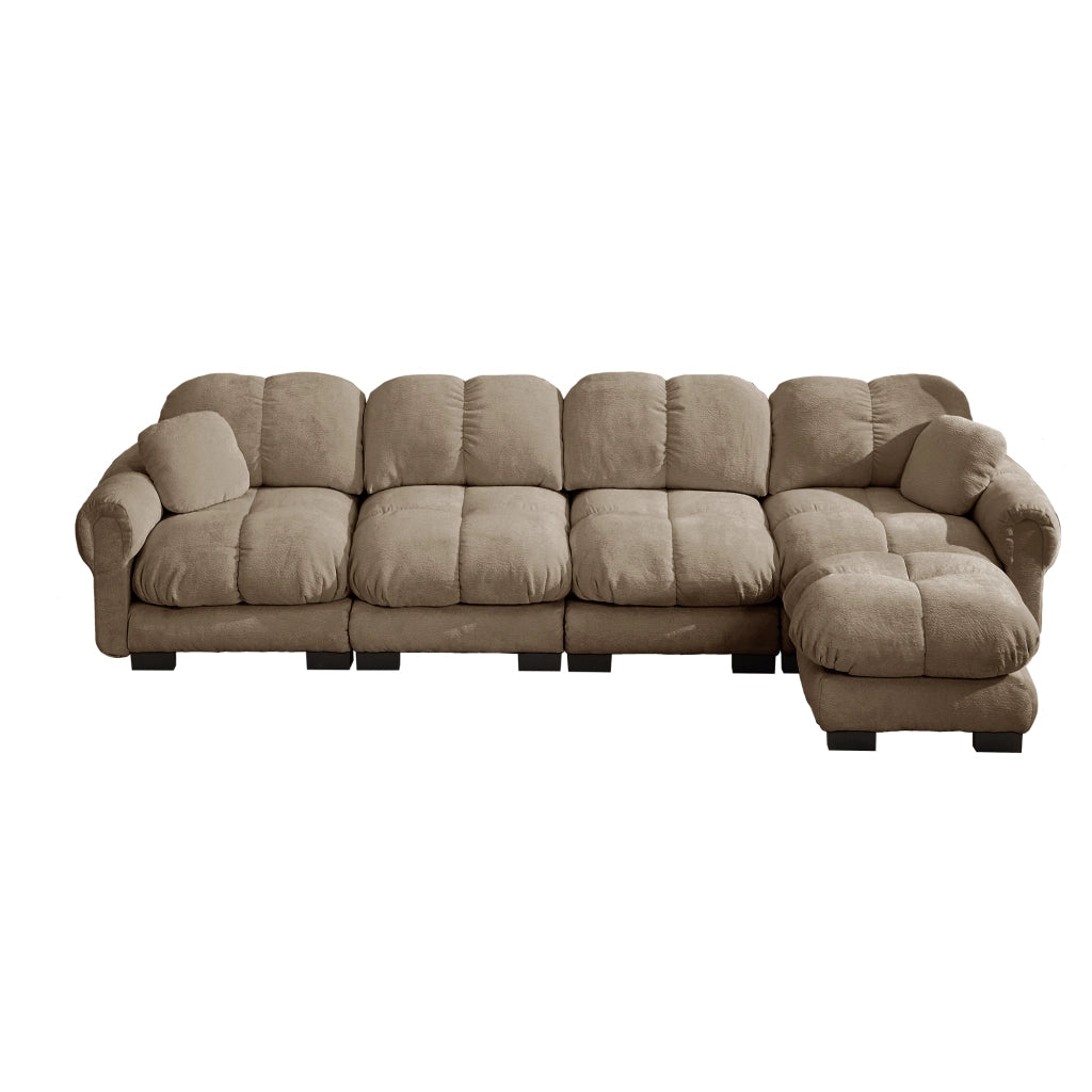 Divano angolare 4 posti - con pouf mobile e cuscino; design trapuntato - chenille marrone