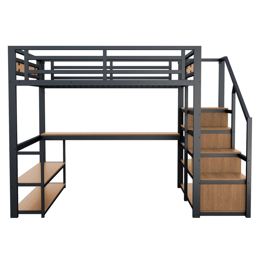 Letto a soppalco in metallo 140x200 cm nero con scale contenitore, ripiani e scrivania