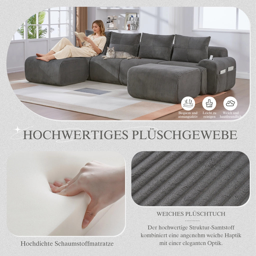 Divano modulare 4 posti con portabicchiere e tasca laterale; in corduroy grigio scuro