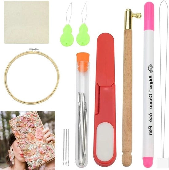 Set di cucito con manico in legno e filo per cucito e ricamo DIY