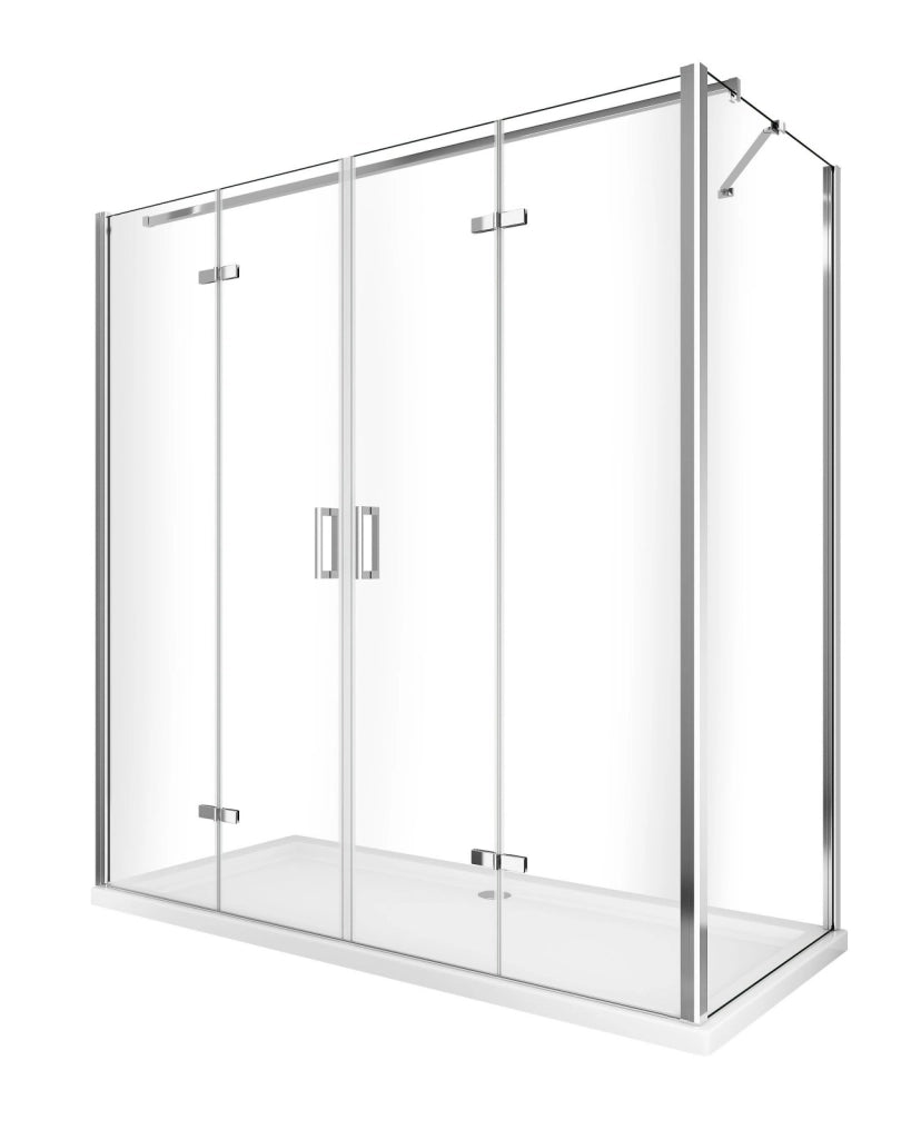 Box doccia due lati porta a libro 4 ante con parete fissa laterale, cristallo 6mm trasparente, h190 Sicena Rasac Trasparente 6mm,Fisso 75 + Porta 120 cm