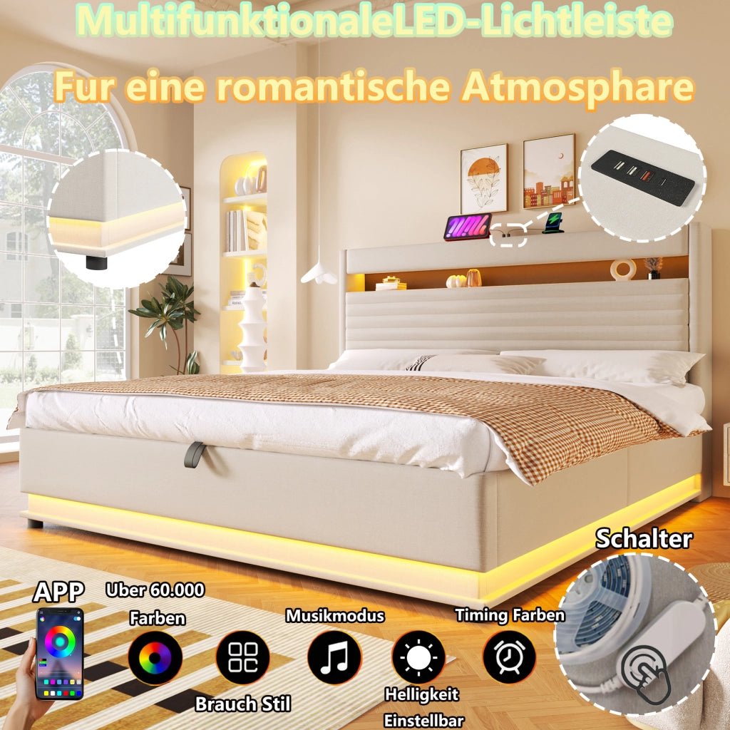 LETTO imbottito 180x200 cm in lino beige con LED, USB Type-C e vano contenitore