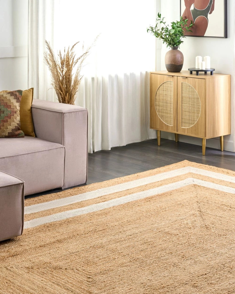 Tappeto Beige Juta 300 x 400 cm Intrecciato a mano con motivo a cornice Naturale Stile Boho Tessile