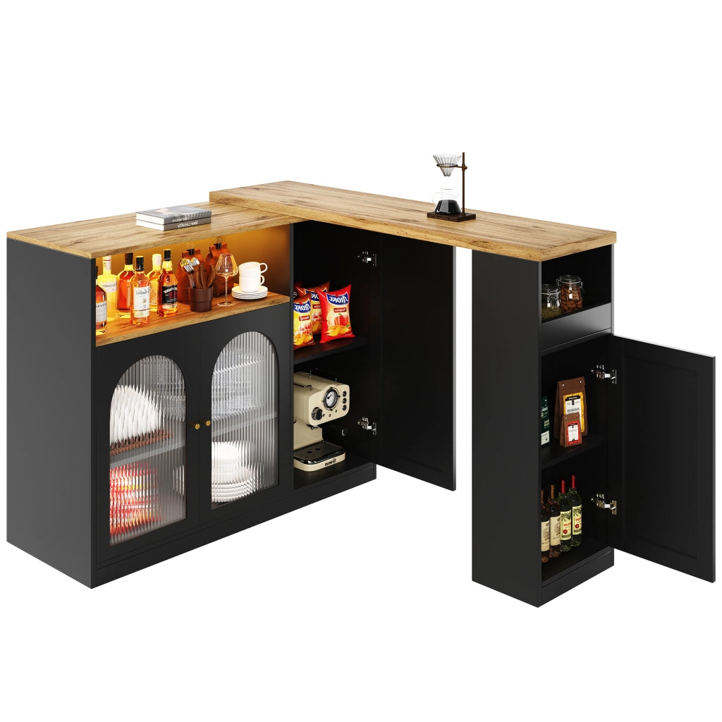 Bartisch Girevole 360¡ã con Scrivania, Credenza, LED e Ante in Vetro ¨C Xylo ¨C Nero Opaco, Legno, 198x39.6x97
