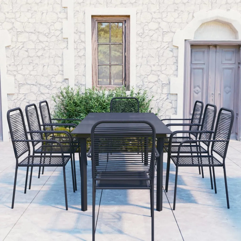 Set da Pranzo da Giardino 9 pz Nero in Vetro e Acciaio