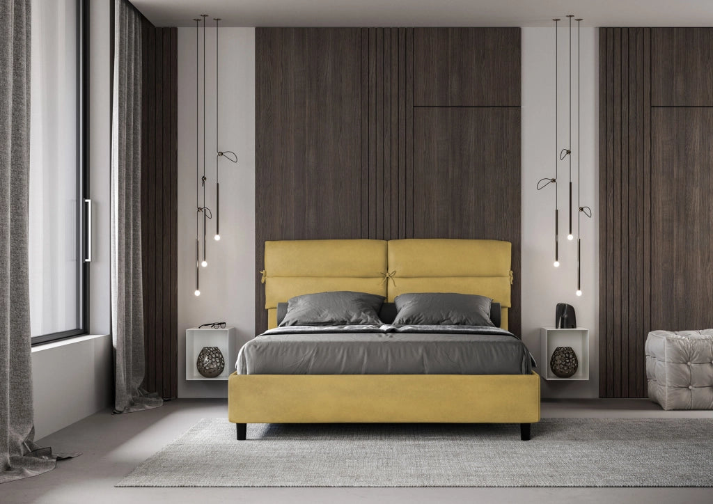 Letto Matrimoniale 160x210 cm con Rete e Contenitore con Testata e Alzata Comoda Imbottito in Microfibra Nandy Ocra