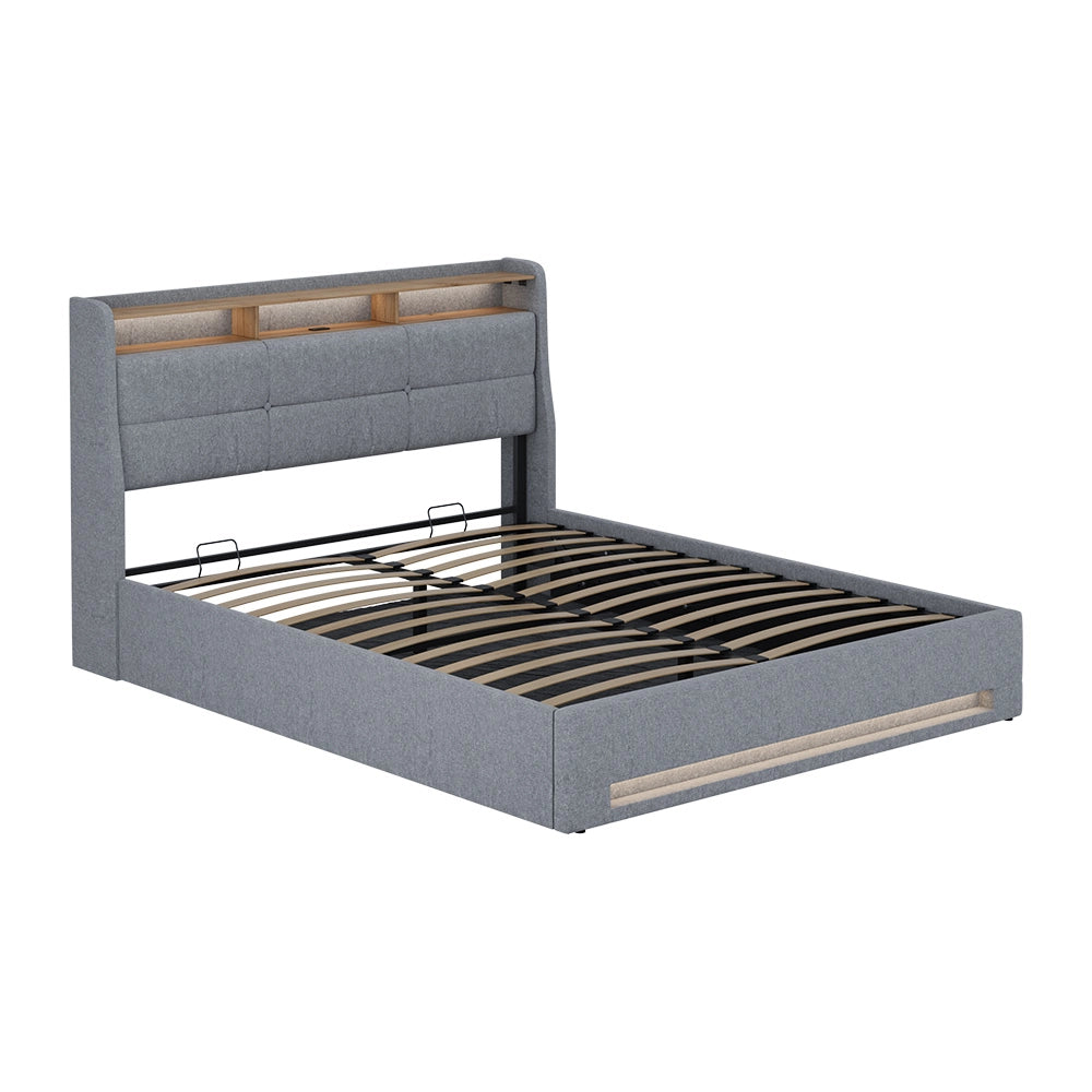 Vitalispa Letto imbottito Grigio/quercia 160x200 con LED e porta USB
