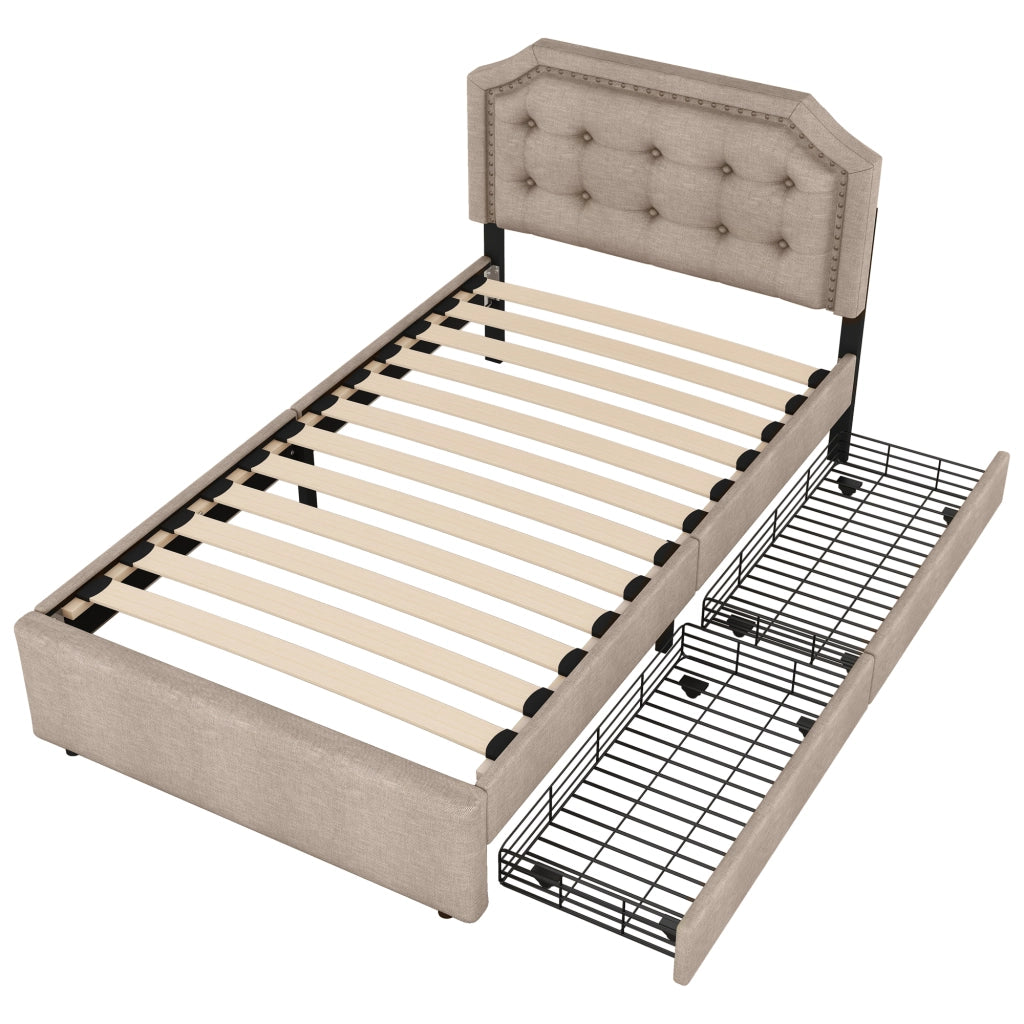 Letto Imbottito con Cassetti ¨C MINIMAL ¨C Singolo 90x200 Beige Scuro