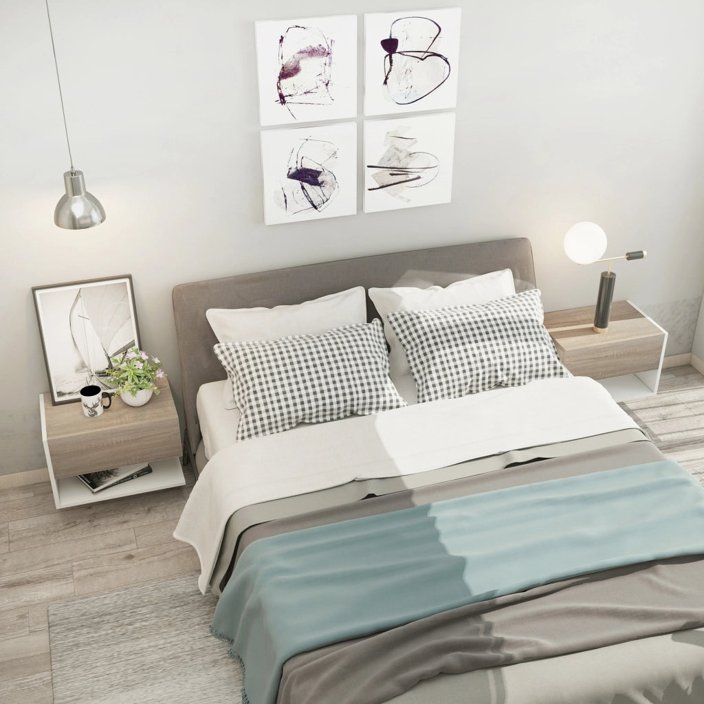 Comodino Sospeso Set 2 Pezzi con Cassetto ¨C Xylo ¨C Rovere e Bianco 46x30x30cm
