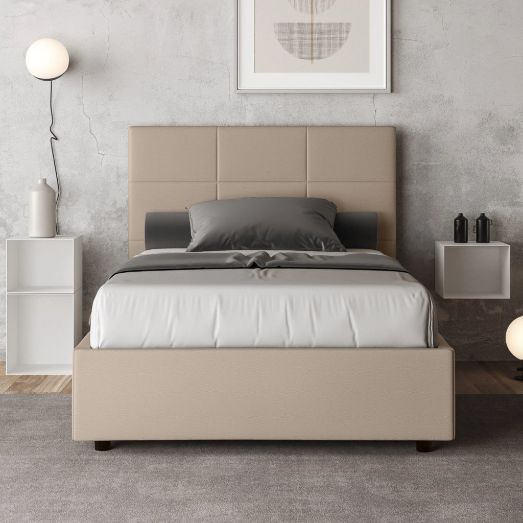 BS COM Letto una piazza e mezza con rete imbottito 130x190 similpelle tortora