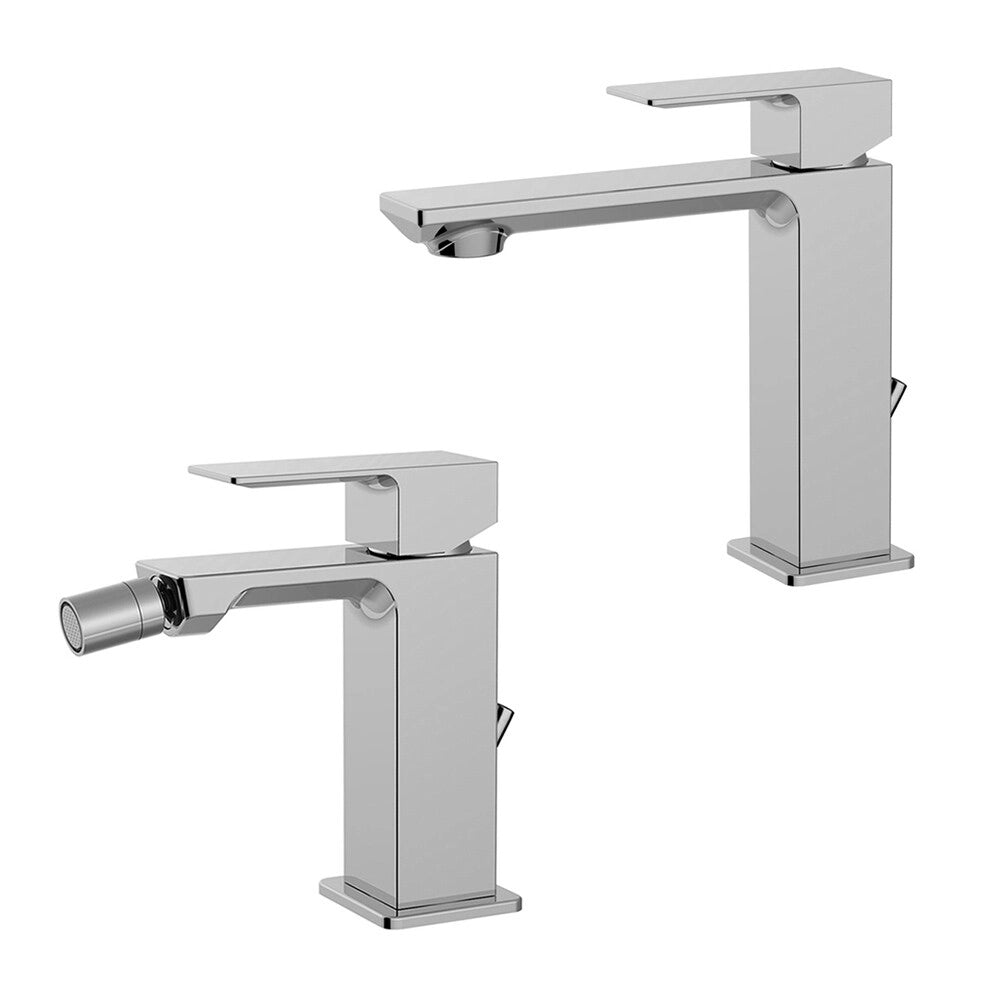 Set miscelatori lavabo e bidet cromati in ottone monocomando con scarico automatico Elle