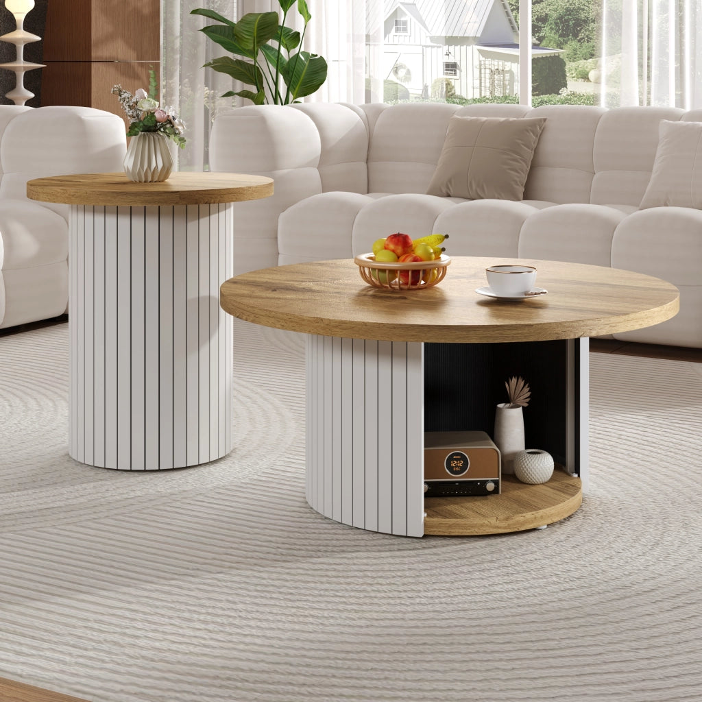 OKWISH Tavolini da Salotto Impilabili Rotondi Stile Nordico con Tavolo Principale e Tavolino Laterale, MDF, Naturale