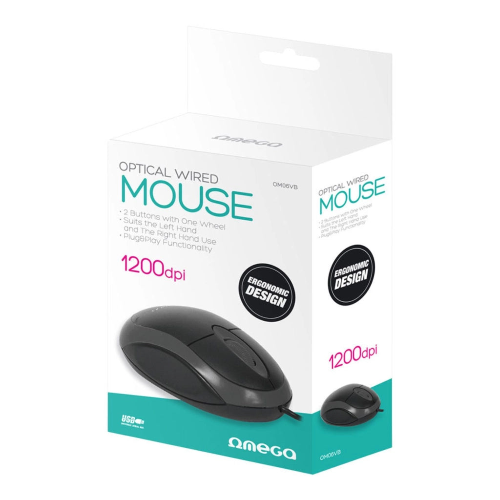 OMEGA Mouse con Filo Notebook USB-A 1200dpi 2 tasti design Ergonomico Black OM06VB