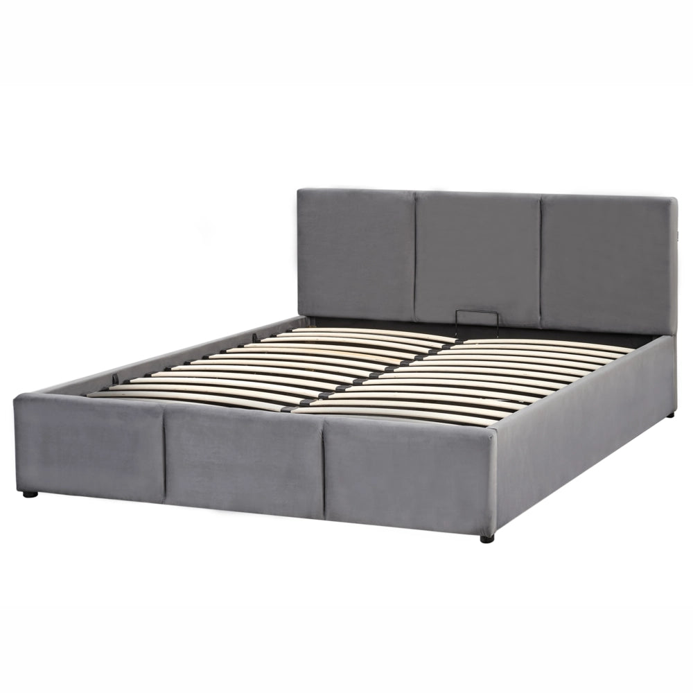 Letto Ottomano Grigio Scuro Velluto Tappezzato 140 x 200 cm Testiera Travestita Funzione Contenitore