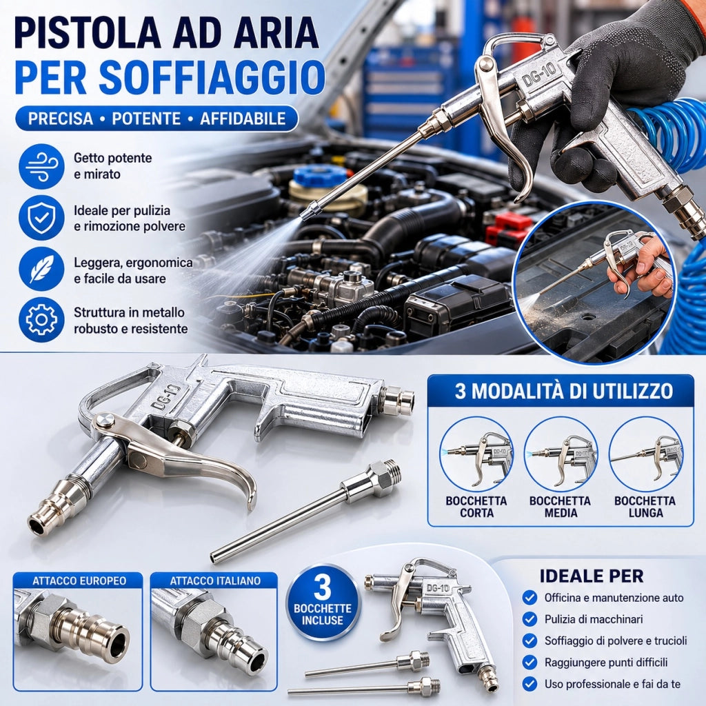 Pistola Aria Compressa Per Compressore con 2 Bocchette Accessori Attacco Rapido