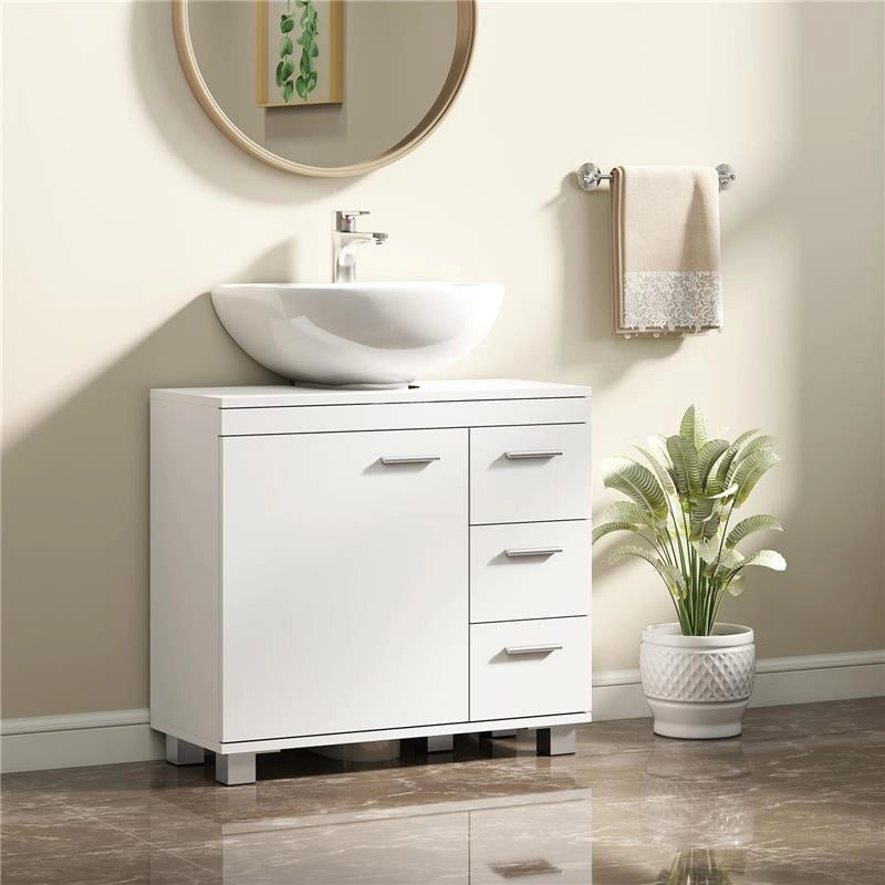 MOBILE SOTTOLAVABO BAGNO CON ARMADIETTO, RIPIANI E CASSETTI, BIANCO
