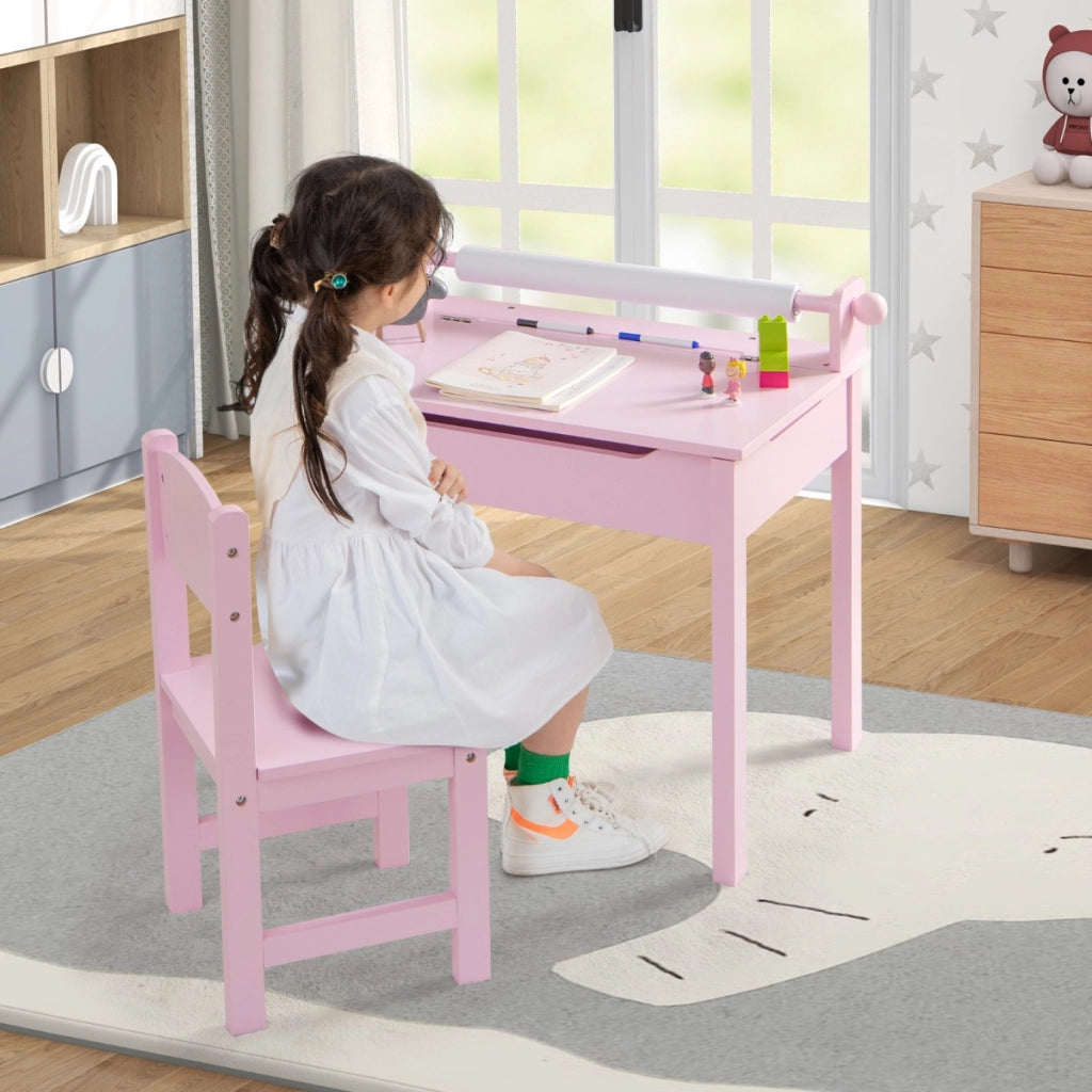 Tavolo per bambini con sedia vano portaoggetti e portarotolo per disegnare giocare, Set di tavolino con sedia Rosa