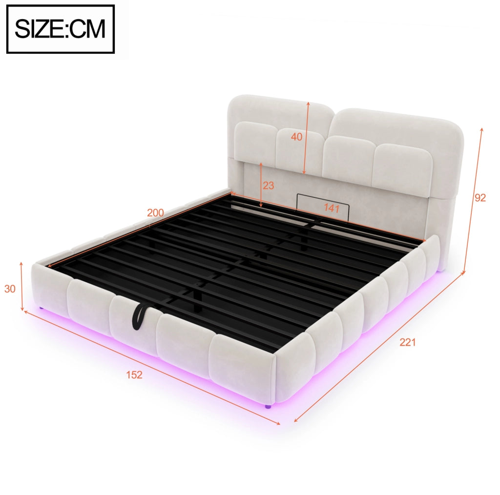Letto matrimoniale imbottito 140x200 cm in velluto beige con LED e contenitore idraulico