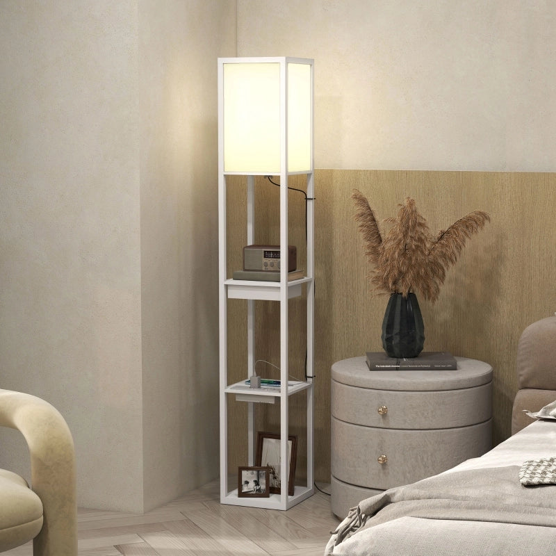 Lampada da terra con ripiano a 3 livelli, interruttore a pedale, porte USB, MDF, bianca