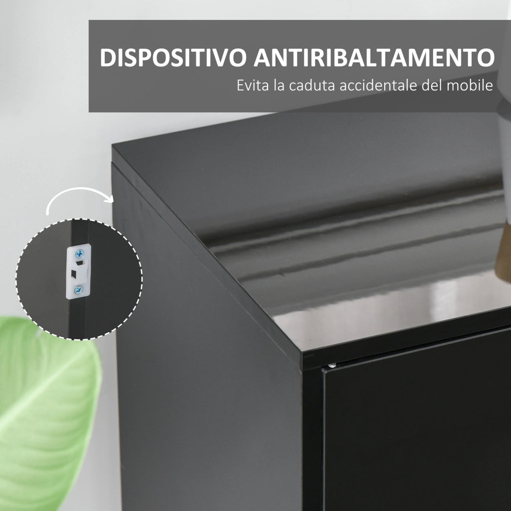 Mobiletto Multiuso Nero con 2 Cassetti e 2 Armadietti ad Apertura a Pressione, 117x36x74cm